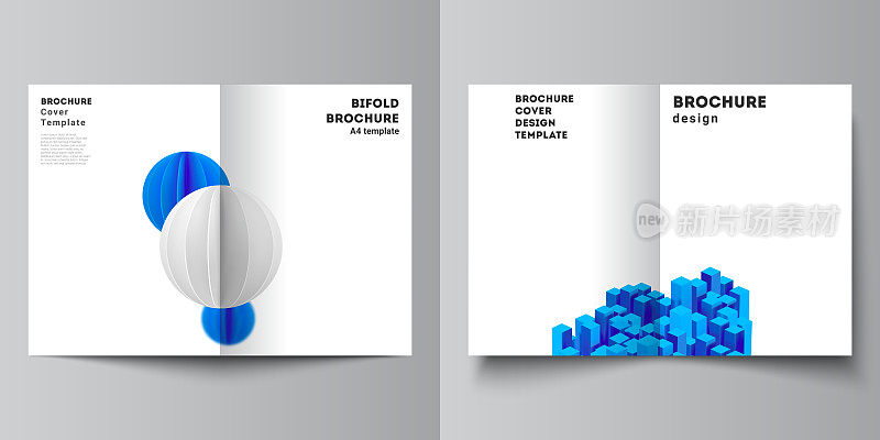 Vector layout of two A4 cover mockups templates for bifold brochure, flyer, magazine, cover design, book design. 3d render vector composition with dynamic realistic geometric blue shapes in motion.